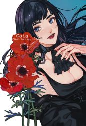 Rule 34 | 1girl, ailout2, anemone (flower), ascot, black ascot, black choker, black hair, blue eyes, blunt bangs, breasts, character name, choker, cleavage, collarbone, commentary, copyright name, dutch angle, final fantasy, final fantasy xiv, floating hair, flower, gaia (ff14), hand up, highres, hyur, lace, lace choker, long hair, looking at viewer, off shoulder, parted lips, red flower, red lips, signature, smile, solo, thick eyebrows, two-tone background, upper body