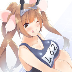 Rule 34 | 1girl, alternate eye color, alternate hair length, alternate hairstyle, blue one-piece swimsuit, blush, breasts, brown eyes, cleavage, cosplay, from above, headgear, i-19 (kancolle), i-19 (kancolle) (cosplay), kantai collection, large breasts, light brown hair, long hair, looking at viewer, mutsu (kancolle), one-piece swimsuit, one eye closed, school swimsuit, sitting, smile, solo, swimsuit, tonarikeru, tongue, tongue out, tri tails, upper body
