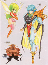 Rule 34 | 1990s (style), 1boy, 1girl, antennae, axe, blue hair, boots, cape, dragon half, fairy, gloves, green eyes, green hair, knee boots, long hair, midriff, mita ryuusuke, monster, muscular, navel, pants, pink thighhighs, rabbit tail, retro artstyle, shoes, skirt, tail, thighhighs, weapon