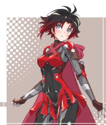 Rule 34 | 1girl, alternate costume, armor, armored skirt, black hair, bodysuit, boots, breasts, cape, commentary, cowboy shot, english commentary, fingerless gloves, gloves, grey eyes, highres, iesupa, parted lips, power armor, red armor, red cape, red hair, ruby rose, rwby, short hair, shoulder armor, solo
