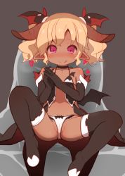 Rule 34 | 1girl, :q, bare shoulders, bat wings, black footwear, black gloves, black neckwear, black thighhighs, blonde hair, blush, boots, choker, commentary request, dark-skinned female, dark skin, elbow gloves, garoudo (kadouhan&#039;i), gloves, grey thighhighs, head wings, heart, horns, interlocked fingers, looking at viewer, original, own hands clasped, own hands together, panties, partially visible vulva, pink eyes, pointy ears, short hair, simple background, sitting, smile, solo, spread legs, thigh boots, thighhighs, tongue, tongue out, underwear, wavy hair, white panties, wings