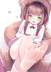 Rule 34 | 1girl, :3, absurdres, ahoge, barefoot, black bow, black bowtie, blush, bow, bowtie, brown hair, crossed arms, dress, fang, feet, foot focus, green eyes, hair ornament, hair ribbon, hairclip, heart, highres, komugi (2212), long sleeves, open mouth, original, pinafore dress, ribbon, short hair, sleeveless dress, soles, solo, stuffed animal, stuffed toy, teddy bear, twintails, white background