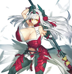 Rule 34 | 1girl, alternate breast size, armor, breasts, cleavage, cleavage cutout, clothing cutout, collarbone, detached sleeves, fate/grand order, fate (series), feathers, gloves, hair between eyes, hair ornament, headband, highres, holding, holding weapon, huge breasts, kiichi hougen (fate), large breasts, long hair, melon22, navel cutout, polearm, red armor, single detached sleeve, skin tight, solo, spear, very long hair, weapon, white background, white hair, yellow eyes