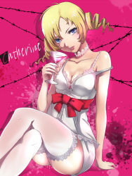 Rule 34 | 1girl, atlus, bad id, bad pixiv id, blonde hair, blue eyes, blush, bow, bra, breasts, catherine, catherine (game), cleavage, drill hair, highres, crossed legs, lingerie, long hair, looking at viewer, pink bra, pokimari, sitting, small breasts, solo, thighhighs, twin drills, twintails, underwear, waist bow