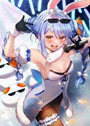 Rule 34 | 1girl, absurdres, armpits, blue hair, breasts, brown pantyhose, carrot hair ornament, cleavage, commentary request, eyewear on head, food-themed hair ornament, hair ornament, highres, holding, holding microphone, hololive, looking at viewer, microphone, open mouth, orange eyes, pantyhose, pekomon (usada pekora), rabbit girl, rabbit tail, small breasts, solo, sunglasses, usada pekora, usada pekora (1st costume), virtual youtuber, yu lei