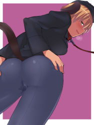 Rule 34 | 10s, 1girl, animal ears, ass, back-seamed legwear, black pantyhose, blonde hair, blush, brave witches, breath, brown eyes, cameltoe, collar, crotch, dog ears, dog tail, em (totsuzen no hakike), from behind, from below, hands on own hips, hat, heavy breathing, leash, looking at viewer, looking back, military, military uniform, naughty face, open mouth, outside border, pantyhose, pet play, profile, purple background, pussy juice, seamed legwear, short hair, simple background, smile, solo, standing, strike witches, tail, uniform, waltrud krupinski, wet, wet clothes, wet pantyhose, world witches series