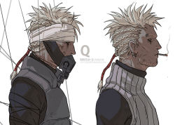 Rule 34 | 1boy, black eyes, black shirt, braid, character name, character profile, character sheet, cigarette, closed mouth, commission, earrings, fisher903, gas mask, jewelry, long hair, long sleeves, mask, naruto, naruto (series), ninja, original, shirt, short ponytail, smoking, solo, vest, white hair, white vest