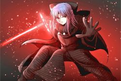 Rule 34 | 1girl, blue hair, bow, cape, cosplay, empty eyes, energy sword, first order, gloves, hair bow, half updo, hood, kagetsu tooya, kylo ren, kylo ren (cosplay), len (tsukihime), lightsaber, long hair, long sleeves, looking at viewer, melty blood, meme, name connection, parody, pointy ears, purple hair, red eyes, ribbon, science fiction, sith, solo, star wars, star wars: the force awakens, sword, tsukihime, typeakiha73, weapon