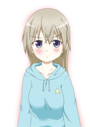 Rule 34 | 1girl, blonde hair, blue eyes, blush, eila ilmatar juutilainen, ende (artist), female focus, gradient background, hood, hoodie, long hair, official alternate costume, solo, strike witches, white background, world witches series