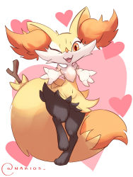 Rule 34 | 1girl, :3, absurdres, animal ear fluff, animal ears, animal feet, animal nose, arms up, artist name, black fur, body fur, braixen, creatures (company), fang, female focus, flat chest, fox ears, fox girl, fox tail, furry, furry female, game freak, gen 6 pokemon, happy, heart, heart background, highres, leg up, looking at viewer, nakios, navel, neck fur, nintendo, one eye closed, open mouth, outstretched arms, pink background, pokemon, pokemon (creature), red eyes, signature, smile, snout, solo, standing, standing on one leg, stick, stomach, tail, thick thighs, thighs, twitter username, white fur, wide hips, wink, yellow fur
