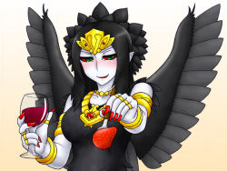 Rule 34 | 1girl, alcohol, armband, bare shoulders, black dress, black hair, black wings, blush, bracelet, collarbone, colored sclera, colored skin, cup, dress, drink, drinking glass, duel monster, emblem, fabled grimro, feathers, female focus, fingernails, food, foreshortening, fork, fruit, glass, gradient background, green eyes, holding, jewelry, long fingernails, long hair, looking at viewer, lots of jewelry, monster girl, nail polish, necklace, pataneet, pointy ears, red nails, red sclera, ring, smile, standing, strawberry, tiara, upper body, white skin, wine, wine glass, wings, yellow background, yu-gi-oh!, yu-gi-oh! duel monsters