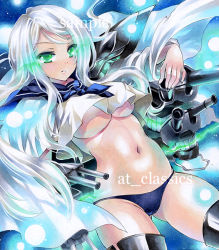 Rule 34 | 10s, 1girl, abyssal ship, ascot, at classics, black panties, breasts, crop top, crop top overhang, glowing, glowing eyes, green eyes, kantai collection, midriff, navel, panties, personification, silver hair, solo, ta-class battleship, underboob, underwear