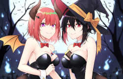 Rule 34 | 2girls, :3, bare shoulders, bare tree, bat (animal), between breasts, black hair, black leotard, bow, bowtie, breasts, candy, candy cane, chocolate, commentary, detached collar, food, full moon, hair between eyes, hair ornament, hairclip, halloween, hat, hat ribbon, healther, highres, hitodama, horns, large breasts, leotard, looking at viewer, moon, multiple girls, night, orange ribbon, original, purple eyes, red eyes, red hair, red neckwear, ribbon, short hair, smile, tombstone, tree, wings, witch hat, wrist cuffs