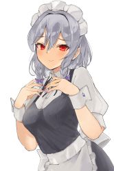 Rule 34 | 1girl, :&gt;, absurdres, apron, blush, bow, braid, breasts, closed mouth, collared shirt, commentary request, dress, grey dress, hair between eyes, hair bow, hair intakes, hair ribbon, hands up, highres, izayoi sakuya, looking at viewer, maid headdress, medium breasts, medium hair, puffy short sleeves, puffy sleeves, purple bow, red eyes, ribbon, shirt, short sleeves, side braids, silver hair, simple background, smile, solo, touhou, tress ribbon, twin braids, upper body, waist apron, white apron, white background, white headwear, wrist cuffs, yamabukiiro (browncat)