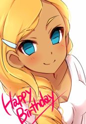 Rule 34 | 1girl, blonde hair, blue eyes, blush, character request, closed mouth, dark-skinned female, dark skin, english text, hair ornament, hairclip, happy birthday, highres, inazuma eleven (series), long hair, looking at viewer, reiza, sekina, shirt, simple background, sketch, smile, solo, upper body, white background, white shirt