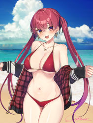 Rule 34 | 1girl, absurdres, artist name, beach, bikini, breasts, cloud, collarbone, cowboy shot, day, earrings, fang, gluteal fold, hair between eyes, heterochromia, highres, hololive, houshou marine, houshou marine (summer), jacket, jewelry, large breasts, long hair, looking at viewer, navel, necklace, open clothes, open jacket, open mouth, oshiruko (oshiruco 212048), outdoors, red hair, sand, solo, swimsuit, tongue, twintails, virtual youtuber, water, watermark, yellow eyes