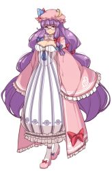 Rule 34 | 1girl, adapted costume, bespectacled, blush, bow, breasts, cleavage, coat, crescent, dress, glasses, hair bow, hat, kugi ta hori taira, large breasts, long hair, looking at viewer, overcoat, pantyhose, patchouli knowledge, purple eyes, purple hair, ribbon, semi-rimless eyewear, simple background, smile, solo, standing, striped, touhou, under-rim eyewear, vertical stripes, very long hair, white background, white pantyhose, wide sleeves