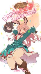 Rule 34 | 1girl, animal, animal ears, aqua jacket, aqua skirt, boots, brown footwear, cake, copyright name, dated, elementalist (tree of savior), english text, feet out of frame, food, gloves, happy birthday, heart, heart-shaped pupils, highres, jacket, light brown hair, open mouth, rabbit ears, red eyes, skirt, smile, symbol-shaped pupils, tanaka (cow), teeth, tree of savior, upper teeth only, white background