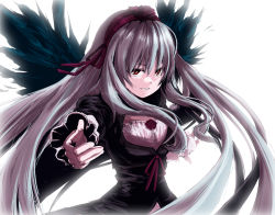 Rule 34 | 00s, 1girl, dress, female focus, foreshortening, hairband, long hair, red eyes, rozen maiden, silver hair, solo, suigintou, unagiman, white background, wings