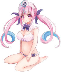 Rule 34 | 1girl, anchor symbol, bad id, bad pixiv id, barefoot, bikini, blue hair, blunt bangs, bow, bowtie, breasts, cleavage, colored inner hair, detached collar, frilled bikini, frills, full body, hachi (hrhr 1983), hair ribbon, highres, hololive, long hair, looking at viewer, medium breasts, minato aqua, multicolored hair, pink hair, purple bow, purple bowtie, purple ribbon, ribbon, simple background, sitting, soles, solo, swimsuit, twintails, two-tone hair, virtual youtuber, wariza, white background, white bikini