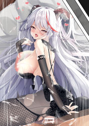 Rule 34 | 1boy, 1girl, aegir (azur lane), alternate costume, azur lane, backless dress, backless outfit, bar censor, bare shoulders, bareback, black dress, black gloves, breasts, bridal gauntlets, censored, cum, cum on body, cum on breasts, cum on clothes, cum on hair, cum on upper body, dress, fine fabric emphasis, gloves, hair on horn, heart, heart-shaped pupils, hetero, large breasts, long hair, looking at viewer, lying, madotsukumo, male pubic hair, motion lines, multicolored hair, on side, penis, pubic hair, red hair, sex, symbol-shaped pupils, torn clothes, torn legwear, two-tone hair, vaginal, very long hair, white hair, yellow eyes