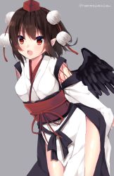 Rule 34 | 1girl, :d, arms behind back, black ribbon, black wings, blush, breasts, brown hair, commentary request, feathered wings, grey background, hat, highres, japanese clothes, kimono, kourindou tengu costume, leaning forward, long sleeves, looking at viewer, momomaron, obi, open mouth, pelvic curtain, pointy ears, pom pom (clothes), red eyes, red hat, ribbon, sash, shameimaru aya, short hair, simple background, small breasts, smile, solo, thighs, tokin hat, touhou, twitter username, white kimono, wide sleeves, wings