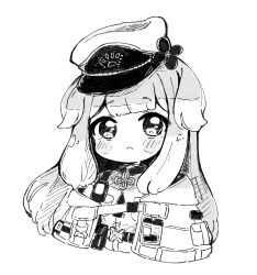 Rule 34 | 1girl, :&lt;, blush stickers, chibi, closed mouth, commentary, cropped torso, greyscale, hat, highres, jacket, long hair, looking at viewer, monochrome, nijisanji, nozo (hitomiz), off shoulder, open clothes, open jacket, peaked cap, shioriha ruri, shirt, simple background, solo, tilted headwear, upper body, very long hair, virtual youtuber, white background