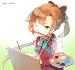 Rule 34 | 10s, 1girl, akigumo (kancolle), art brush, biting, bow, brown hair, canvas (object), gradient background, green eyes, hair bow, kantai collection, long hair, meru (merumumu), one eye closed, paintbrush, painting (action), palette (object), ponytail, solo