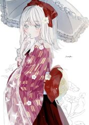 Rule 34 | 1girl, artist name, blush, bow, driedflower, floral print, flower, frills, grey eyes, hair bow, hair flower, hair ornament, hakama, hand up, highres, holding, holding flower, holding umbrella, japanese clothes, kimono, long hair, long sleeves, looking at viewer, original, red bow, signature, simple background, skirt, solo, umbrella, upper body, white background, white flower, white hair, wide sleeves