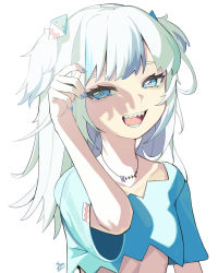 Rule 34 | 1girl, absurdres, alternate costume, blue eyes, blue hair, blue nails, bright pupils, collarbone, fingernails, gawr gura, grey background, grey hair, hair ornament, highres, hololive, hololive english, jewelry, light blue hair, long hair, multicolored hair, nail polish, necklace, open mouth, shark hair ornament, sharp teeth, signature, simple background, smile, solo, streaked hair, syu45, teeth, tongue, twintails, upper body, virtual youtuber, white pupils
