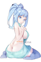 Rule 34 | 1girl, aqua sweater, ass, blue eyes, blue hair, boku no hero academia, breasts, bright pupils, butt crack, finger to mouth, from behind, full body, hadou nejire, high ponytail, hot vr, large breasts, long hair, looking back, meme attire, no bra, no panties, simple background, sitting, solo, sweater, thighhighs, virgin killer sweater, wariza, white background, white pupils