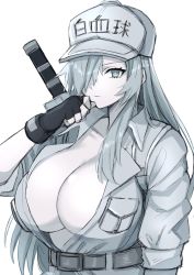 Rule 34 | 1girl, baseball cap, belt, belt buckle, black gloves, breasts, bright pupils, buckle, cleavage, closed mouth, collarbone, collared shirt, colored skin, commentary request, fingerless gloves, gloves, grey eyes, hair over one eye, hat, hataraku saibou, hataraku saibou black, highres, imuzi, large breasts, long hair, looking at viewer, open clothes, open shirt, pale skin, sheath, sheathed, shirt, silver hair, simple background, solo, u-1196, upper body, weapon, white background, white blood cell (hataraku saibou), white hat, white pupils, white shirt, white skin