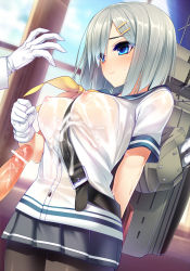 Rule 34 | 10s, 1boy, 1girl, admiral (kancolle), bar censor, belt, black pantyhose, blue eyes, blush, breasts, censored, cum, cum on clothes, dragonmaterial, gloves, hair ornament, hair over one eye, hairclip, hamakaze (kancolle), hetero, highres, kantai collection, nipples, pantyhose, penis, personification, school uniform, see-through, serafuku, short hair, short sleeves, silver hair, skirt, smile, wet, wet clothes, white gloves