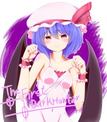 Rule 34 | 1girl, absurdres, alternate costume, artist name, bat wings, blue hair, blush, breasts, clenched hands, covered navel, dress, hat, hat ribbon, highres, looking at viewer, mob cap, nightgown, outline, pink dress, purple theme, red eyes, remilia scarlet, ribbon, signature, sleeveless, sleeveless dress, small breasts, smile, solo, strap slip, the first studio, touhou, upper body, white background, wings, wrist cuffs