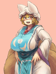 Rule 34 | 1girl, alternate eye color, animal hat, blonde hair, blush, breasts, brown eyes, chanta (ayatakaoisii), curvy, dress, eyebrows, fluffy, fox tail, hair between eyes, hands on own hips, hat, highres, huge breasts, long sleeves, looking at viewer, mob cap, multiple tails, open mouth, mob cap, plump, short hair, simple background, solo, tabard, tail, taut clothes, teeth, thick thighs, thighs, tongue, touhou, white dress, wide hips, yakumo ran