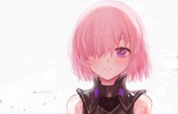 Rule 34 | 1girl, armor, bare shoulders, black armor, blush, commentary request, fate/grand order, fate (series), grin, hair over one eye, harukappa, highres, lips, looking at viewer, mash kyrielight, one eye covered, pink hair, pink lips, purple eyes, short hair, simple background, smile, solo, teeth, upper body, white background