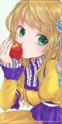 Rule 34 | 1girl, apple, blue ribbon, ccapsule, dress, eiyuden chronicle: hundred heroes, food, fruit, green eyes, hair ornament, hair ribbon, long hair, looking at viewer, perrielle grum, red apple, ribbon, simple background, solo, white background, yellow dress