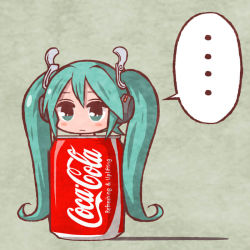 Rule 34 | ..., 1girl, aqua eyes, aqua hair, blush stickers, can, coca-cola, drink can, hatsune miku, headphones, in container, long hair, sakichi (gyro7msk), soda can, solo, spoken ellipsis, twintails, very long hair, vocaloid