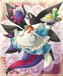 Rule 34 | 1girl, apron, bonnet, border, bow, cherry, clipboard, colored sclera, creatures (company), cup, dessert, dress, drink, drinking glass, fangs, feet, floating, food, frilled dress, frills, fruit, full body, game freak, gen 5 pokemon, glass, hand up, headdress, highres, holding, holding tray, hydreigon, ice cream, kakiikada, long sleeves, maid, nintendo, no humans, open mouth, pen, pink eyes, plate, pokemon, pokemon (creature), pokemon bw, puffy sleeves, purple sclera, red bow, red ribbon, ribbon, smile, solo, tail, teeth, tray, waitress, white bow, white dress, wings, wrist cuffs