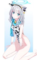 Rule 34 | 1girl, alternate costume, animal ears, animal print, bare legs, blue archive, blue eyes, blue scarf, cow ears, cow print, fake animal ears, fuminon, highres, looking at viewer, one-piece swimsuit, scarf, shiroko (blue archive), sitting, solo, swimsuit