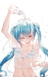 Rule 34 | 1girl, aqua hair, bare shoulders, bikini, bikini top only, bikini under clothes, blurry, blush, bottle, bracelet, chinese commentary, closed eyes, collarbone, commentary request, depth of field, hand up, hatsune miku, highres, holding, holding bottle, jewelry, light blush, long hair, navel, pouring, pouring onto self, qys3, see-through, see-through shirt, shirt, smile, solo, striped bikini, striped bikini top, striped clothes, swimsuit, twintails, upper body, very long hair, vocaloid, water bottle, water drop