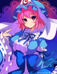 Rule 34 | 1girl, blue bow, blue dress, blue hat, blue ribbon, blush, bow, center frills, dress, frilled shirt collar, frilled sleeves, frills, hair between eyes, hat, juliet sleeves, long sleeves, looking at viewer, marota, mob cap, pink eyes, pink hair, puffy sleeves, ribbon, ribbon-trimmed collar, ribbon-trimmed sleeves, ribbon trim, saigyouji yuyuko, short hair, sidelocks, smile, solo, touhou, triangular headpiece, upper body, waist bow, wide sleeves