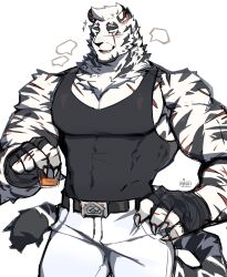 Rule 34 | 1boy, animal ears, arknights, bara, black tank top, cup, drinking glass, facial hair, furry, furry male, goatee, graysheartart, hand on own hip, highres, large pectorals, male focus, mountain (arknights), muscular, muscular male, pectoral cleavage, pectorals, scar, scar across eye, scar on arm, short hair, sidepec, sketch, smile, solo, talking, tank top, thick eyebrows, thick thighs, thighs, tiger boy, tiger ears, white hair, wine glass