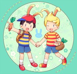 Rule 34 | 0mzum1, 2boys, :d, ;d, animal ears, aqua background, arm up, backpack, bag, baseball cap, basket, black hair, blonde hair, blue eyes, blue shirt, blue shorts, blush, blush stickers, brown bag, carrot, circle, commentary request, flower (symbol), food, green background, halftone, hat, highres, holding, holding basket, holding food, holding hands, looking at viewer, lucas (mother 3), male focus, mother (game), mother 2, mother 3, multiple boys, ness (mother 2), nintendo, one eye closed, open mouth, purple eyes, quiff, rabbit ears, red footwear, red headwear, red shirt, shirt, shoes, short hair, short sleeves, shorts, sideways hat, simple background, smile, socks, square, striped clothes, striped shirt, t-shirt, triangle, two-tone shirt, white socks, yellow shirt