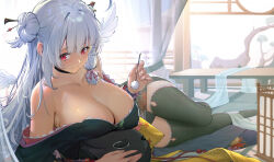 Rule 34 | 1girl, absurdres, bare shoulders, black choker, black kimono, black thighhighs, breasts, choker, cleavage, closed mouth, copyright request, curtains, double bun, floral print, hair bun, hair ornament, hair ribbon, hair stick, highres, indoors, j.xh, japanese clothes, kimono, large breasts, long hair, looking at viewer, lying, mimikaki, no shoes, off shoulder, on side, red eyes, ribbon, solo, thighhighs, very long hair, white hair
