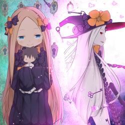 Rule 34 | 2girls, abigail williams (fate), abigail williams (third ascension) (fate), black bow, black dress, black gloves, black headwear, blonde hair, blue eyes, bow, bug, butterfly, character doll, closed mouth, commentary request, doll, dress, elbow gloves, fate/grand order, fate (series), forehead, fujimaru ritsuka (male), gloves, hair bow, hat, highres, holding, holding doll, insect, key, keyhole, long hair, long sleeves, looking at viewer, multiple girls, orange bow, pale skin, parted bangs, parted lips, polka dot, polka dot bow, print bow, profile, red eyes, revealing clothes, silver hair, skull print, sleeves past fingers, sleeves past wrists, smile, star (symbol), star print, su guryu, very long hair, witch hat