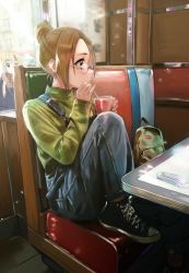 Rule 34 | 2girls, backpack, bag, booth seating, brown hair, commentary request, converse, cup, denim, drinking straw, drinking straw in mouth, glasses, green shirt, hair bun, highres, k-on!, knee up, kotobuki tsumugi, long sleeves, mask, unworn mask, multiple girls, overalls, plaid, plaid scarf, restaurant, scarf, shirt, shoes, short hair, single hair bun, sitting, sneakers, tainaka ritsu, verse