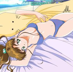 1girl anello81 beach bikini bishoujo_senshi_sailor_moon breasts brown_hair cleavage green_eyes kino_makoto long_hair lying ocean ponytail sand swimsuit towel water