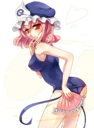 Rule 34 | 1girl, bad id, bad pixiv id, bare shoulders, blush, breasts, covered erect nipples, female focus, folding fan, fusuma (not found), hand fan, hat, heart, large breasts, leaning forward, one-piece swimsuit, pink hair, red eyes, saigyouji yuyuko, school swimsuit, short hair, simple background, solo, swimsuit, touhou