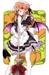 Rule 34 | 1girl, apron, bat wings, blush, broom, brown eyes, closed mouth, demon tail, elbow gloves, embarrassed, frills, frown, gloves, holding, holding broom, idolmaster, idolmaster cinderella girls, long hair, maid, maid apron, maid headdress, mochino, orange hair, puffy sleeves, red ribbon, ribbon, short sleeves, skirt, standing, tail, thighhighs, waist apron, white gloves, white thighhighs, wings, yuuki haru